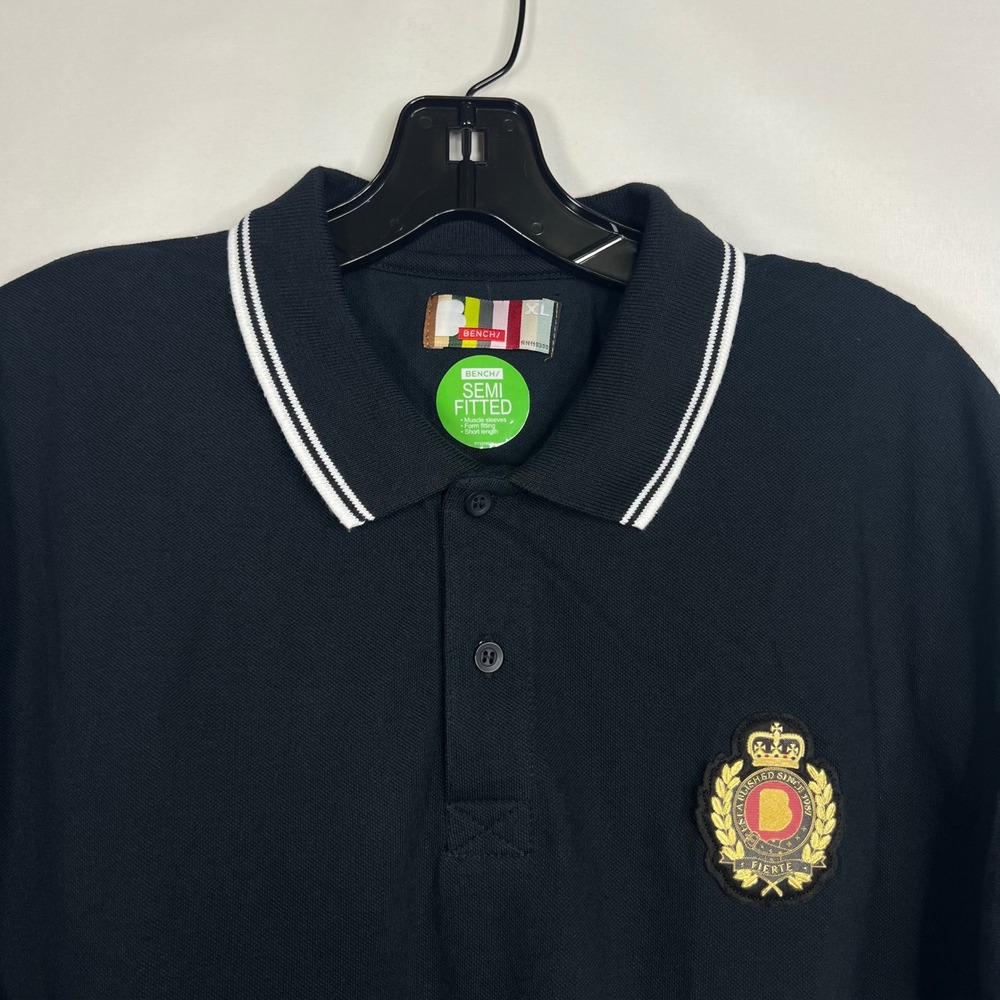 Bench Black Polo Shirt Mens XL Semi‎ Fitted Crest Patch Tipped Collegiate Preppy